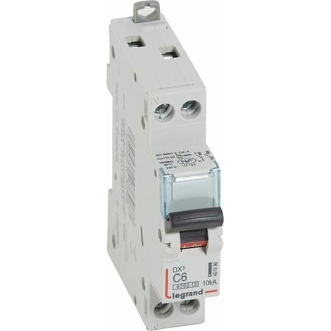 Disjoncteur DX³6000 10kA arrivée haute et départ bas à vis U+N 230V - 6A - courbe C - 1 module - LEGRAND