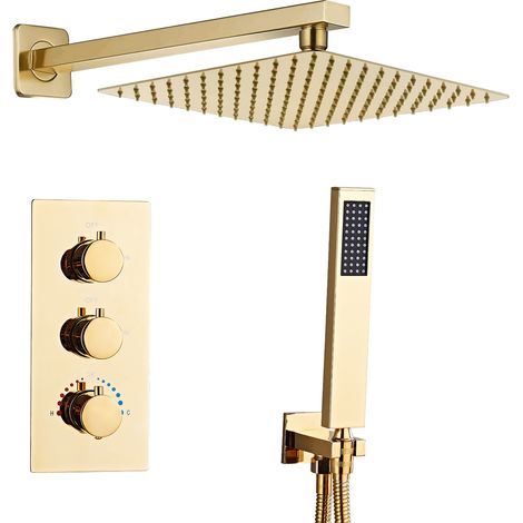 Sanitemodar – Colonne de douche thermostatique dorée – Douche encastrée noire avec douchette à main et douche de plafond 25x25cm – Installation facile