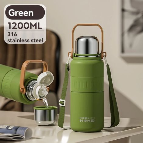 (Vert, 1200 ml) Bouteille d'eau isotherme en acier inoxydable avec poignée et paille, isolée sous vide, convient à l'eau chaude et froide. (1/5)