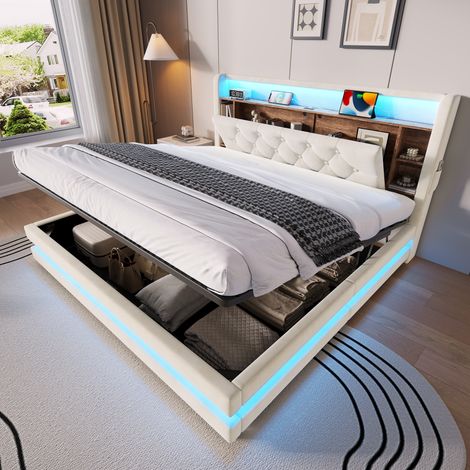 Lit coffre 160x200 cm en velours beige, avec rangement pour chambre, sans matelas FloraGrace (1/5)
