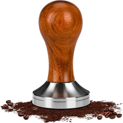 Prensa de espresso de acero inoxidable 304 de 51 mm con mango de madera de nogal, para portafiltros, apisonadores de barista, cafeterías y amantes del café. (1/5)