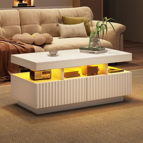 Table basse avec rangement 100 x 50 x 45 cm deux tiroirs éclairage led intégré finitions à rayures verticales surface thermoformée (1/5)