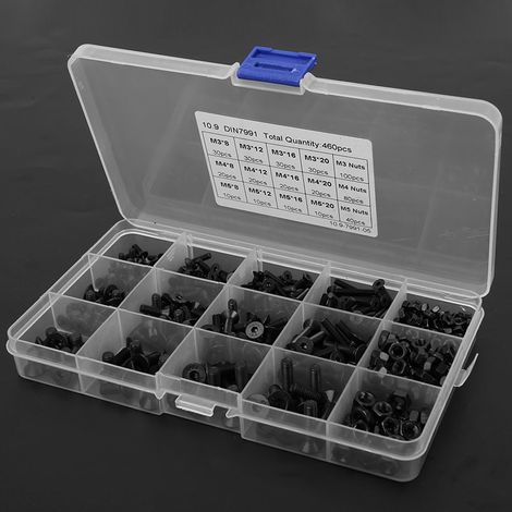 Ensemble de 460 vis et écrous à tête hexagonale creuse noirs M3, M4, M5, classe de résistance 10.9 (1/5)