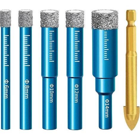 6 Pièces Foret Diamant Carrelage, Meche Carrelage avec5/ 6/8/10/12/14 mm, Foret Carbure de Tungstene de 6mm, Perçage à Sec et Humide, Forêt Diamant Carrelages pour Granit Céramique Marbre Verre Quartz (1/5)