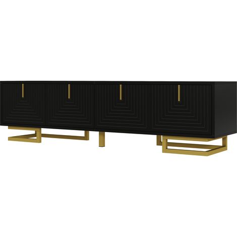 Meuble TV 160 cm avec portes texturées, poignées et pieds dorés, noir (1/5)