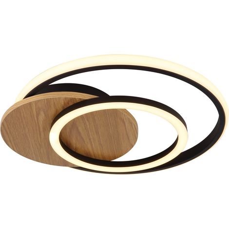 Plafonnier en bois Lampe design anneaux noirs MDF lampe de salon noir naturel, LED 24W 1100Lm blanc chaud, LxLxH 38x36x6,5 cm (1/5)