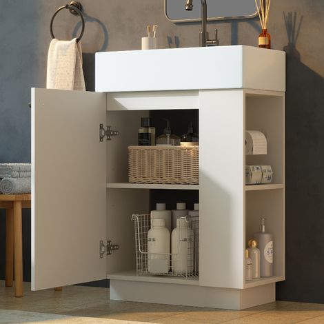 Waschbeckenunterschrank 55 cm mit Keramikwaschbecken, freistehender Waschtisch mit Toilettenpapierhalter, Soft-Close Tür, Holzoptik Weiß (1/5)