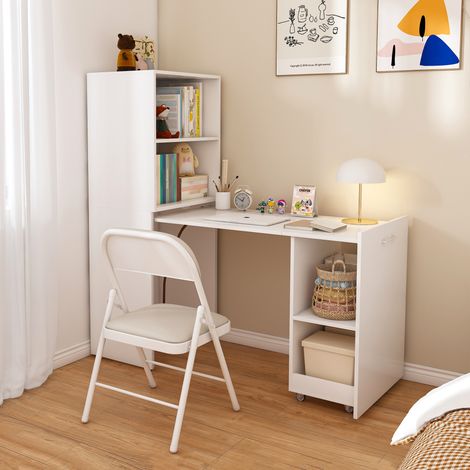 Scrivania pieghevole con mobile contenitore, piano estensibile, ripiani regolabili, bianco HAVRYA (1/5)