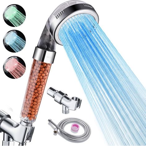 Soffione doccia a LED con filtro e doccetta - cambio colore - soffione doccia ad alta pressione con filtro - getto a risparmio idrico. Doccetta - con tubo flessibile e base - adatta (1/4)