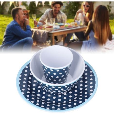 Ensemble de 3 pièces pour salade : assiette, bol et tasse à points bleu foncé (1/5)