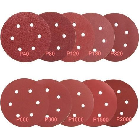 100 disques abrasifs ronds de 150 mm grain 40, 80, 120, 180, 320, 600, 800, 1000, 1500 et 2000 (10 pièces par granulométrie) pour ponçage fin sur bois, métal, plastique et peinture (1/5)