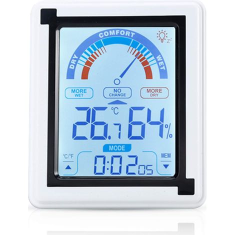 Weißes elektronisches Thermometer – LCD-Touch-Thermometer mit Uhr, Temperaturmesser, Luftfeuchtigkeit in Fahrenheit einstellbar
