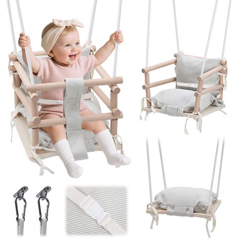 Randaco Kinderschaukelsitz aus Holz mit beigem Kissen, verstellbare Seile, Babyschaukel ab 12 Monaten