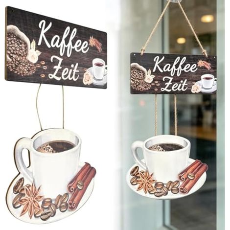 Panneau Suspendu Café en Bois Plaque en Bois à Suspendre – Forme Tasse + Texte “Kaffe Zeit” – pour Cuisine, Café, Salon, Bureau – Déco Murale – Cadeau Amateur de Cafés