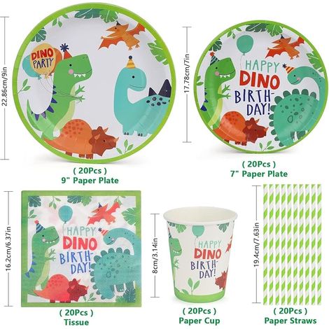 Pappgeschirr-Set mit Dinosaurier- und Dschungelmotiven für Kindergeburtstage – 100-teilig für 20 Personen – Teller, Becher, Strohhalme und Servietten (1/5)
