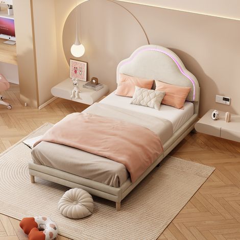 Letto imbottito con cappella in forma di nuvola, con nastri multicolore a LED variabili, lettino per bambini con lettini in legno, letto singolo, velluto, beige, 90x200cm (1/5)