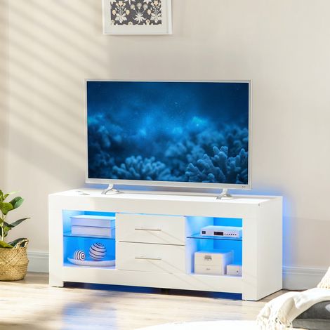 Meuble TV de 55" avec Lumières LED à 12 Couleurs et Télécommande, Bois et Verre 120x40x50cm, Blanc (1/5)