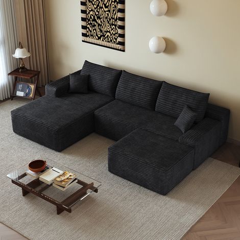 Canapé d'angle modulaire 270 cm avec chaise longue réversible, tissu corduroy noir
