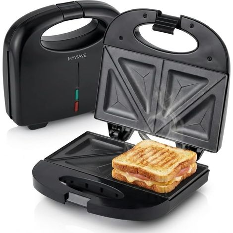 My Wave - Appareil à croque-monsieur - Puissance de 750 W - Pour tout type d'aliments - Ouverture à 90° - Grille électrique avec plaques antiadhésives - Dimensions : 22,5 x 14 cm - Noir (1/5)