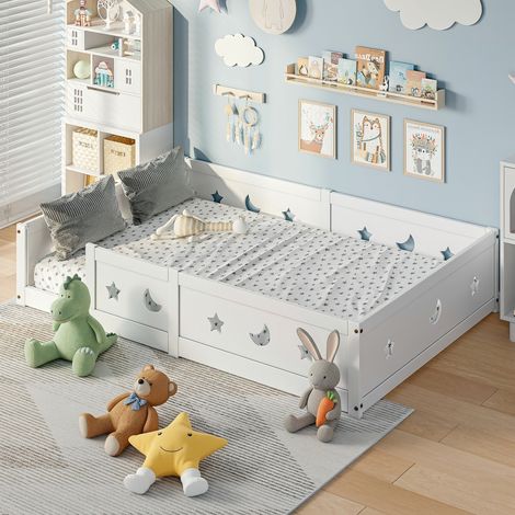 Einzelbett 120x190 cm aus Holz für Kinder, mit dekorierten Barrieren mit Sternen- und Mondmotiven, Lattenrost – Weiß