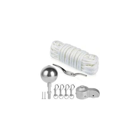 Kit D'accessoires pour Mât de Drapeau, Kit de Pièces de Réparation avec Pointe de Boule Dorée, Ø 5,1 cm Topper avec Poulie, Corde en Nylon de 15 m, Mousqueton, Taquet, pour Déco Maison, Argent