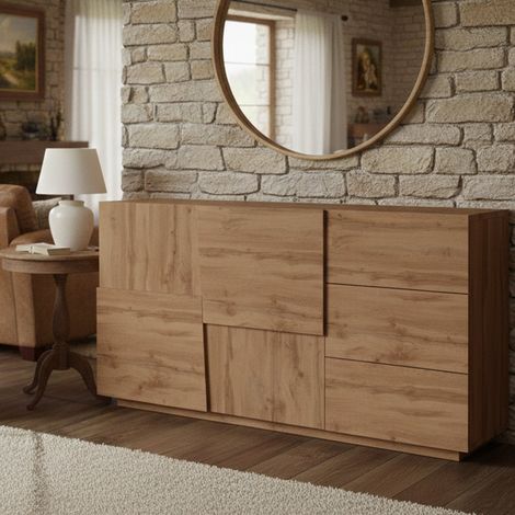 Dmora - Kommode Xavier, Wohnzimmer-Buffet, Wohnzimmer-Kommode mit 2 Türen und 3 Schubladen, 180x44x86 cm, Eiche, mit verstärkter Verpackung (1/5)