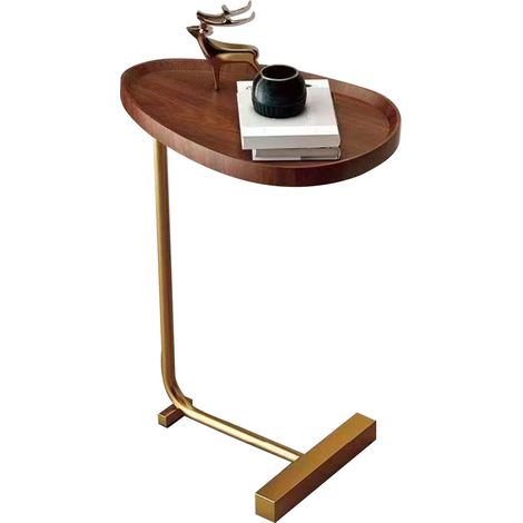Petite Table d'appoint moderne en Grain de bois foncé, gain de place, extrémité en forme de C pour salon, canapé, conception de rainure d'hôtel et cadre doré (1/5)