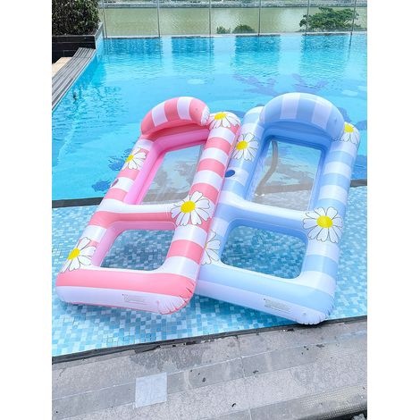 Lot de 2 transats gonflables pour salon d'eau (rose et bleu, 150×80 cm) – Avec imprimé camomille, filet de refroidissement et appui-tête, idéal pour la piscine et la plage
