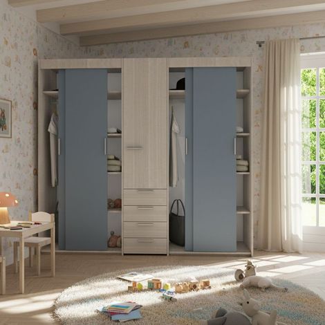 Armadio scorrevole L.225 cm con cassettiera centrale integrata - Rovere Rock e Avio
