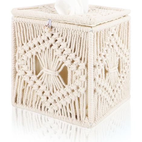 Handgefertigter Quasten-Papiertaschentuchboxbezug – Boho-Stil, quadratische dekorative Box, für Bad, Schlafzimmer, Büro, Klappdeckel, geschlossener Boden, 5,5 x 5,5 x 6 Zoll (Beige)