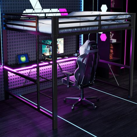 Lit mezzanine gaming en métal 160x200 avec éclairage LED, station de chargement USB et bureau, noir, avec sommier à lattes de haute qualité (1/5)