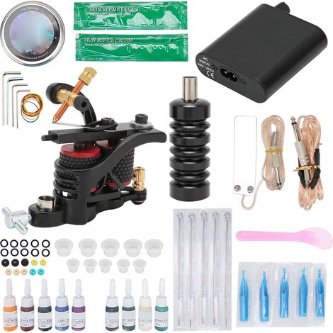 Kit de machine à tatouer avec 10 bobines, mini alimentation, câble et pince, outils complets (prise 90-265VEU). (1/5)