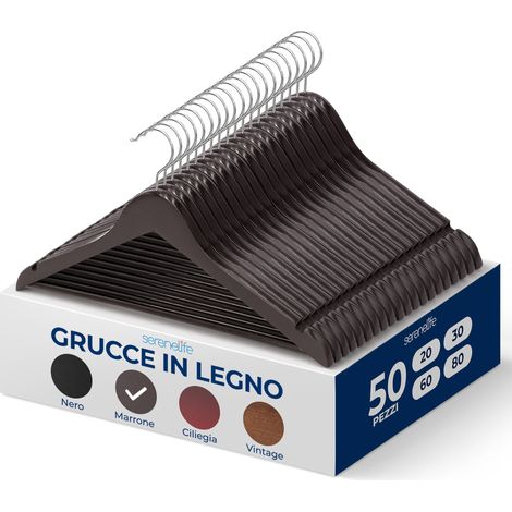 SereneLife Grucce Appendiabiti, 50 Stampelle Armadio in Legno, Appendiabiti Resistenti con Gancio Girevole a 360° e Tacche, Design Sottile per Felpe, Camicie, Giacche, Vestiti e Altro (1/5)