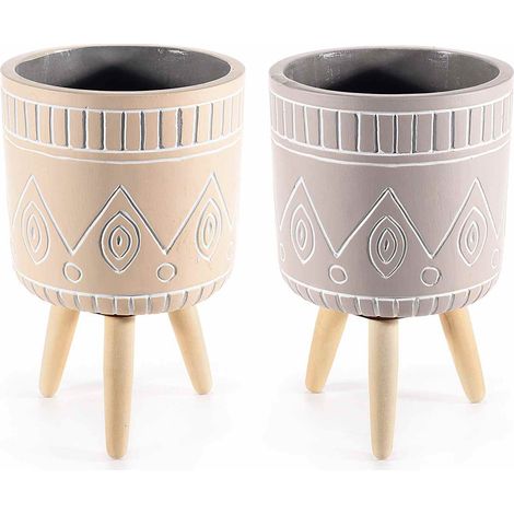 Cache-pots tribaux en béton décoré sur trépied en bois, lot de 2, diam. 13,5 cm x H. 21 cm