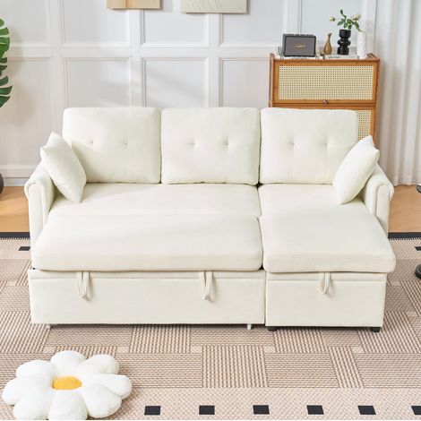 Divano angolare letto 206x130x85 cm, trasformabile in letto, contenitore, chaise longue reversibile, chenille beige (1/5)