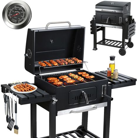Wolketon Barbacoa de carbón, smoker con dos estantes laterales plegables, carro BBQ, parrilla de pie con indicador de temperatura