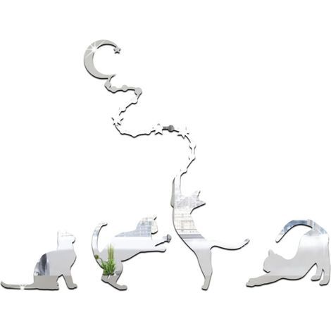CCYKXA Silver Cat Moon Wall Mirror, Acrylic Wall Stickers, DIY Removable Wall Decoration, Living Room Mirror Sticker, 1 Set (1/5)