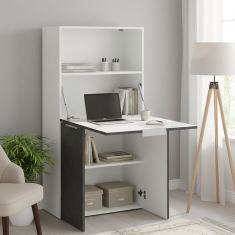 Bureau, Meuble Polyvalent avec étagères et Plan de Travail, Table de Bureau Polyvalente, Bureau Gain de Place Multiposition, cm 70x35h140, Blanc et Ardoise (1/5)