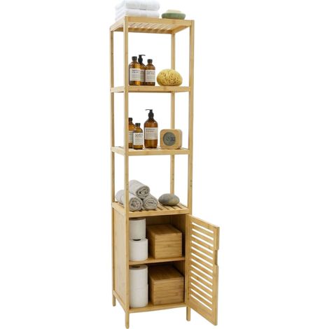 Estantería Bambú Baño Take 4 estantes, 1 Puerta imantada inferior Marrón 34x170x33 cm (1/5)