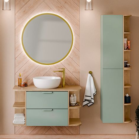 Mueble de lavabo de 100cm con nichos redondeados y columna Oria Verde mate (1/5)