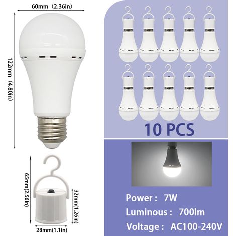 (10 ampoules, 7 watts) Ampoules LED de secours, lumière froide, E27, 1500mAh, pour le camping et la pêche en plein air. (1/5)