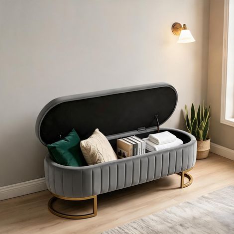 Banc de rangement en velours gris ardoise avec pieds dorés 130 cm (1/5)