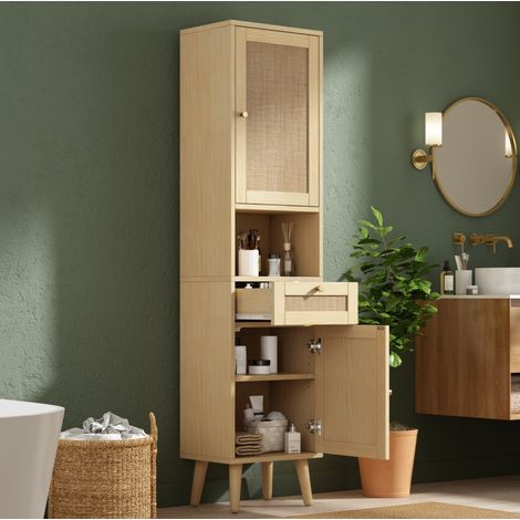 Colonne de salle de bain 40x30x166 cm en MDF bois naturel, rangement gain de place – MEUBLIV (1/5)