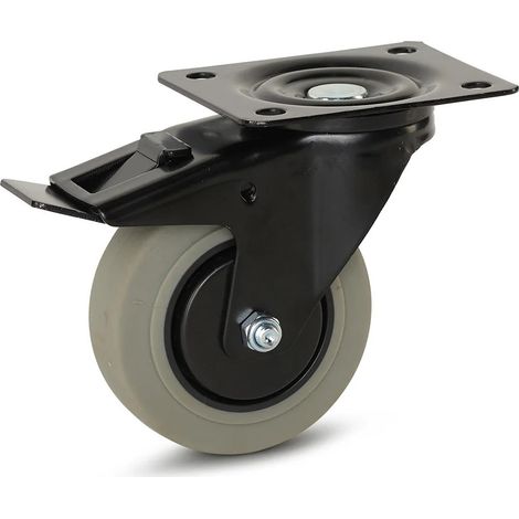 Roue pivotante freinée - MESO - Caoutchouc gris - 100mm - 150kg - Boîtier noir - Platine (1/2)