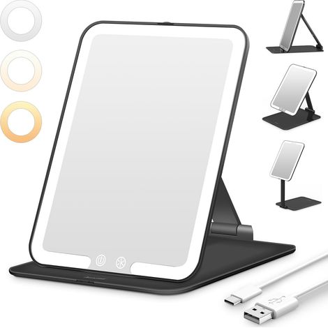 Miroir Maquillage Lumineux Rechargeable, Pliable et Portable, Noir 3 modes d'éclairage, luminosité réglable, miroir de table ultra-fin pour maquillage, retouches et soins du visage (1/5)