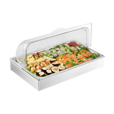 Servierbehälter Buffet-Behälter Gastronormbehälter aus Edelstahl (1 Behälter), Präsentationsständer mit transparentem Deckel & 3 Eiswürfelschalen für Restaurant Hotel Küche (1/5)