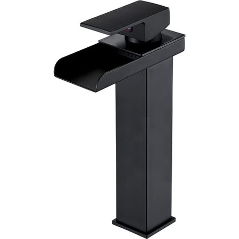 Robinet de lavabo cascade, mitigeur de lavabo à poignée unique, eau chaude et froide (noir, long) (1/4)