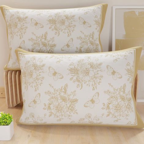 Lot de 2 Taies d'Oreillers 50x70 cm 100% Microfibre Hypoallergénique, Housse Oreiller Rectangulaire Motif Floral Blanc Beige, Paquet de 2