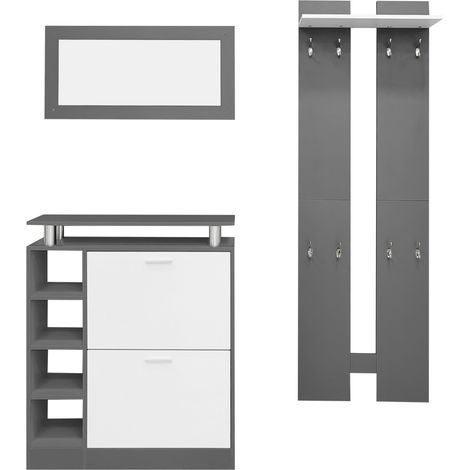 Ensemble meuble d'entrée gris anthracite avec miroir, 2 panneaux muraux, étagère et meuble à chaussures 80x25x96,5 cm (1/5)
