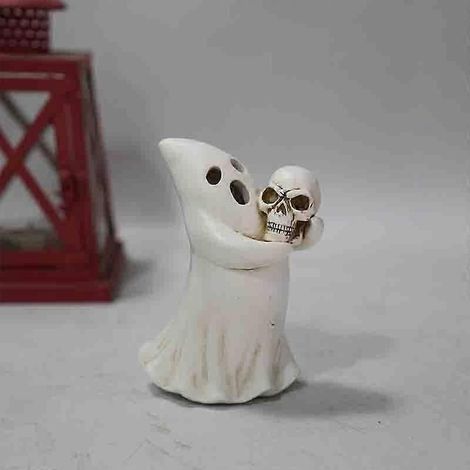 Décorations d'Halloween pour la fête des fantômes : fantôme blanc en résine tenant une citrouille, fantôme blanc tenant un crâne avec lumière LED.